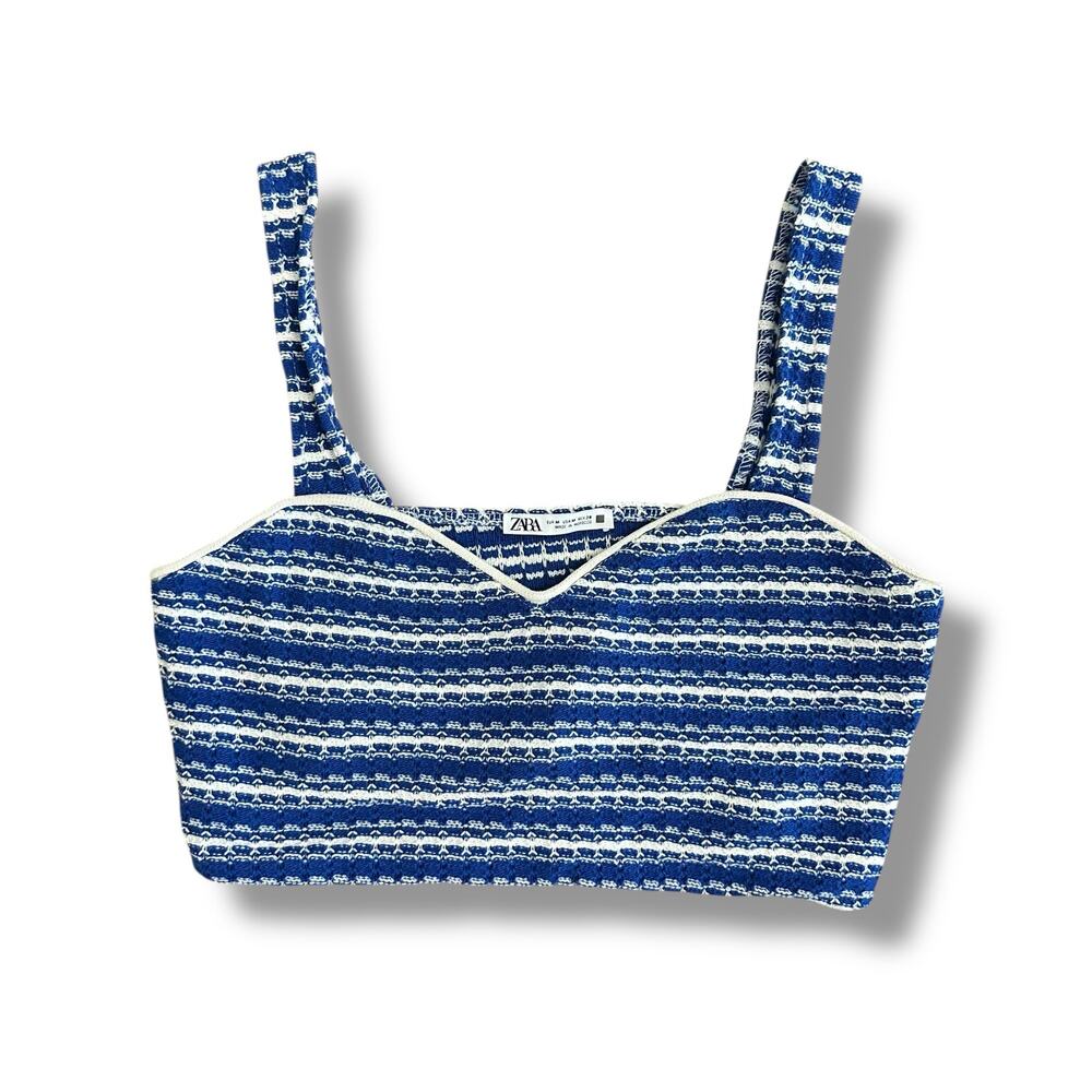 ZARA Knit Crop Top Medium Blue White Striped Sleeveless Tank Cami Festival Retro